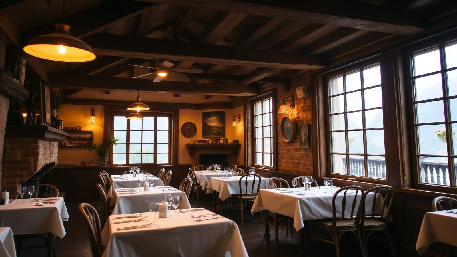 Salão do restaurante com vista para a serra